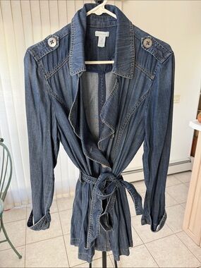 Chico's Washed Blue Denim Tie-Waist Trench